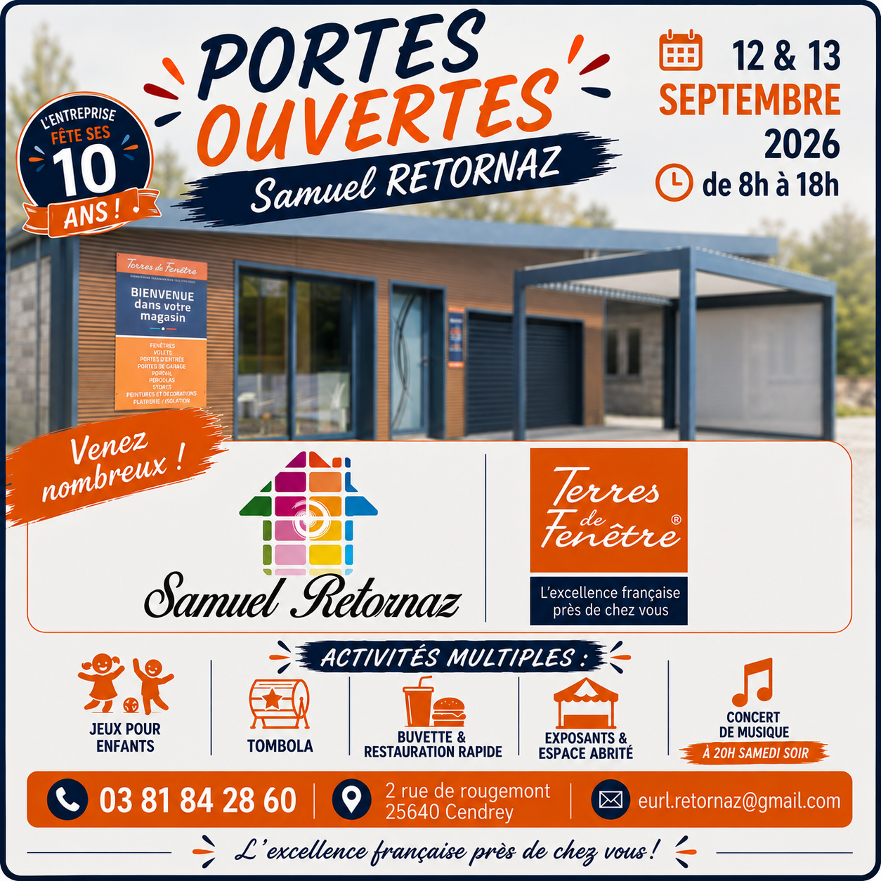 Portes ouvertes EURL Samuel RETORNAZ 12 et 13 septembre 2026, 5 eme édition, 10 ans, exposants, concert le samedi soir, buvette, restauration rapide, jeux pour enfants, tombola samedi dimanche